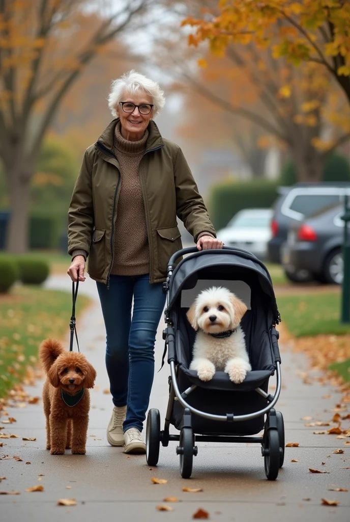 with glasses is rickets in the neighborhood，One hand holds a small brown poodle with a dog walking leash，The other hand pushes the pet stroller，Inside sits a small white poodle with paralysis of the back legs