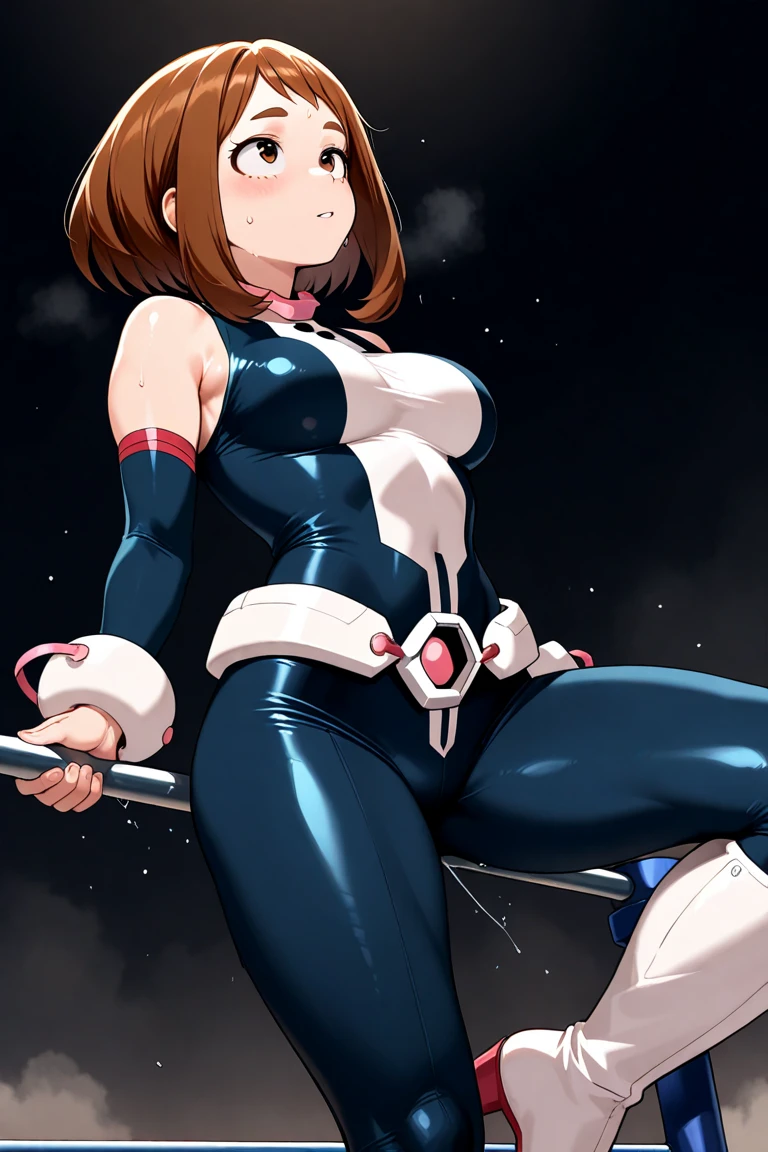 best quality, photorealistic, souryuu asuka langley, bodysuit, brown hair, rebuild of evangelion, 1girl, large breasts, ((double chin)), red bodysuit, simple background, solo, studio lighting, detailed artwork, chubby cheeks, round face, exaggerated body proportions, plump fingers, neon genesis evangelion, lips, highres, looking at viewer, blue eyes, open mouth, interface headset, (thigh gap, cellulite, obese body shape:1.4), obesity-related health issues, glossy skin, large breasts, sagging skin, overweight character in elegant clothing, confident expression, background with futuristic cityscape, technological elements, vibrant neon lights, intense gaze, dramatic shadows