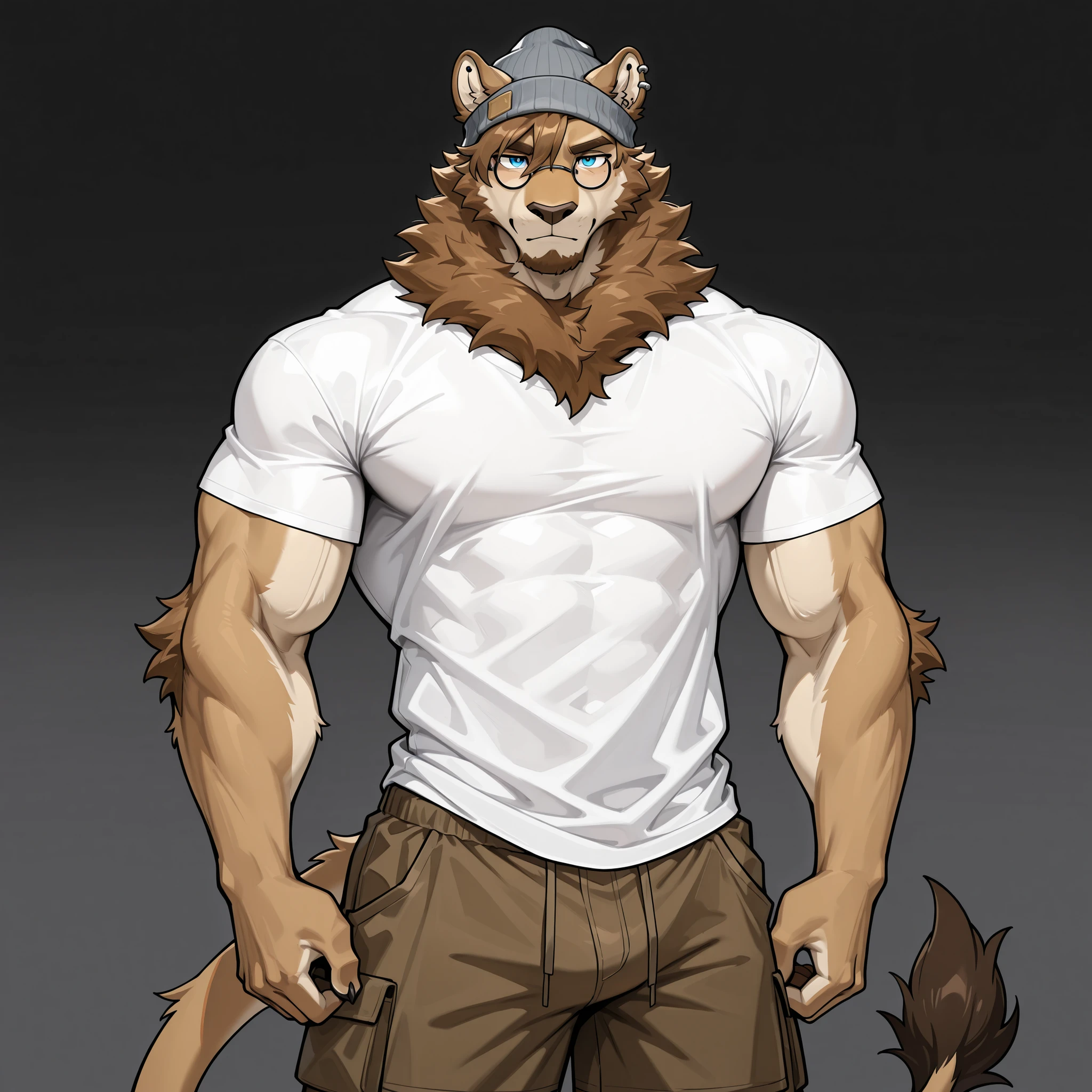 Male Furry, 23 years old, male, furry, fluffy, anthropomorphic, grey-white, lions, short mane, reference sheet, full body, detailed features, bushy tail, sharp teeth, realistic fur texture, Medium: Digital Illustration, Front view and back view, high resolution, professional quality, intricate patterns on the skin, Russian but charismatic personality, attention to anatomy, designed facial structure, on a muscular, black shorts, Tall, masculine