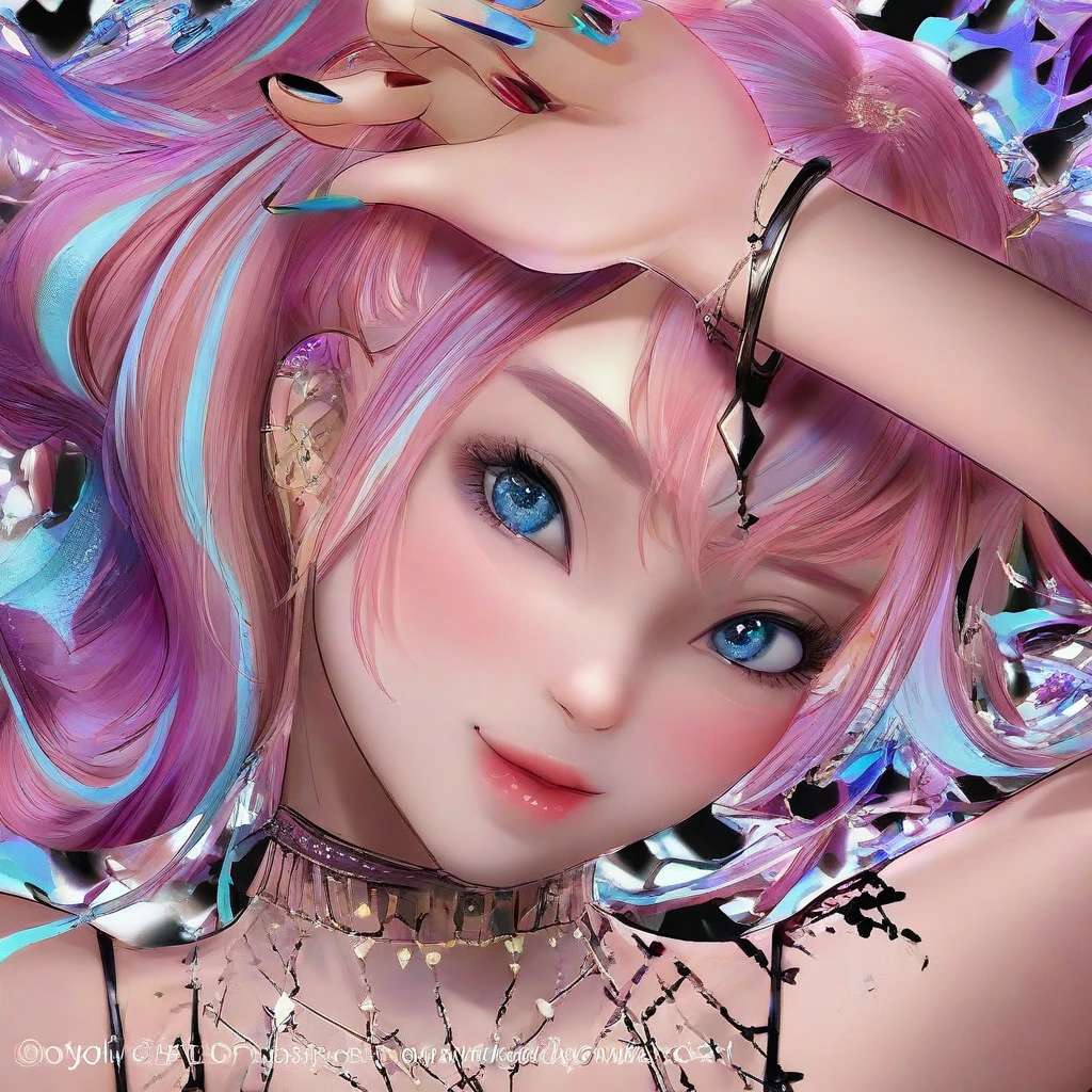 8K,gal，an extremely delicate and beautiful,Beautiful and realistic skin,Shiny jewel-like earrings,Shine like glitter long pink hair,beautiful eyes,glitter background,from the chest up