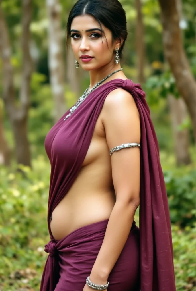 daytime view, close up shot of indian from top view, wearing pink saree, walking in forest, looking to camera, big and curvy cheeks, hourglass figure, sexy navel, swooping breasts, ponytail, necklace, (cinematic:1.3), intricate details , (ArtStation:1.2)underboob blouse
