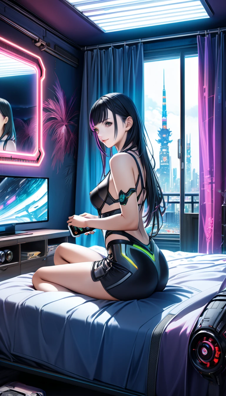 Araffe woman in fishnet stockings sitting on a bed with a laptop, very realistic. live cam, very detailed 8k, many high-end exotic features, very very beautiful!, hi luadthong, very long black hair, she is about 20 years old, mod, have an anime style, ai