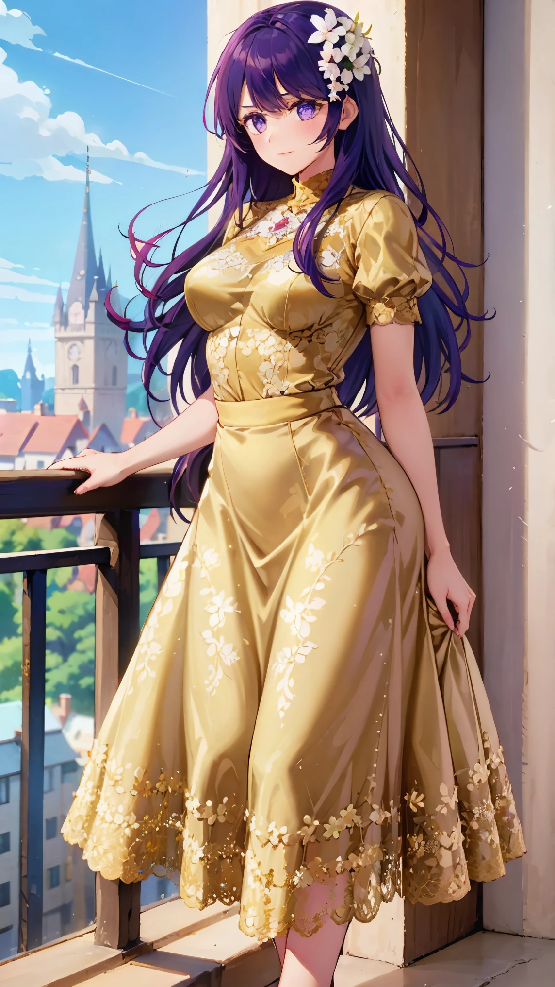 Princess in a golden dress of finely embroidered lace, purple hair, long hair, Flower decoration, flared skirt, Narrow waist, Standing on the balcony, castle