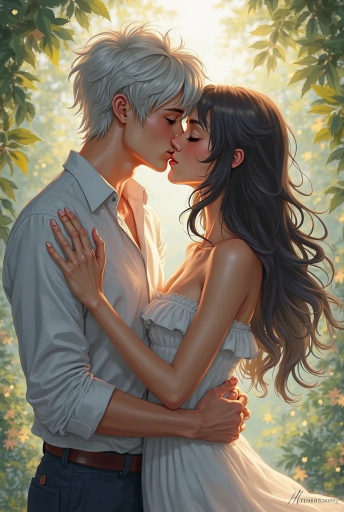 White haired boy cut something messy with blue eyes and white skin of good physique  giving a kiss to a girl with long fluffy black hair and brown eyes 