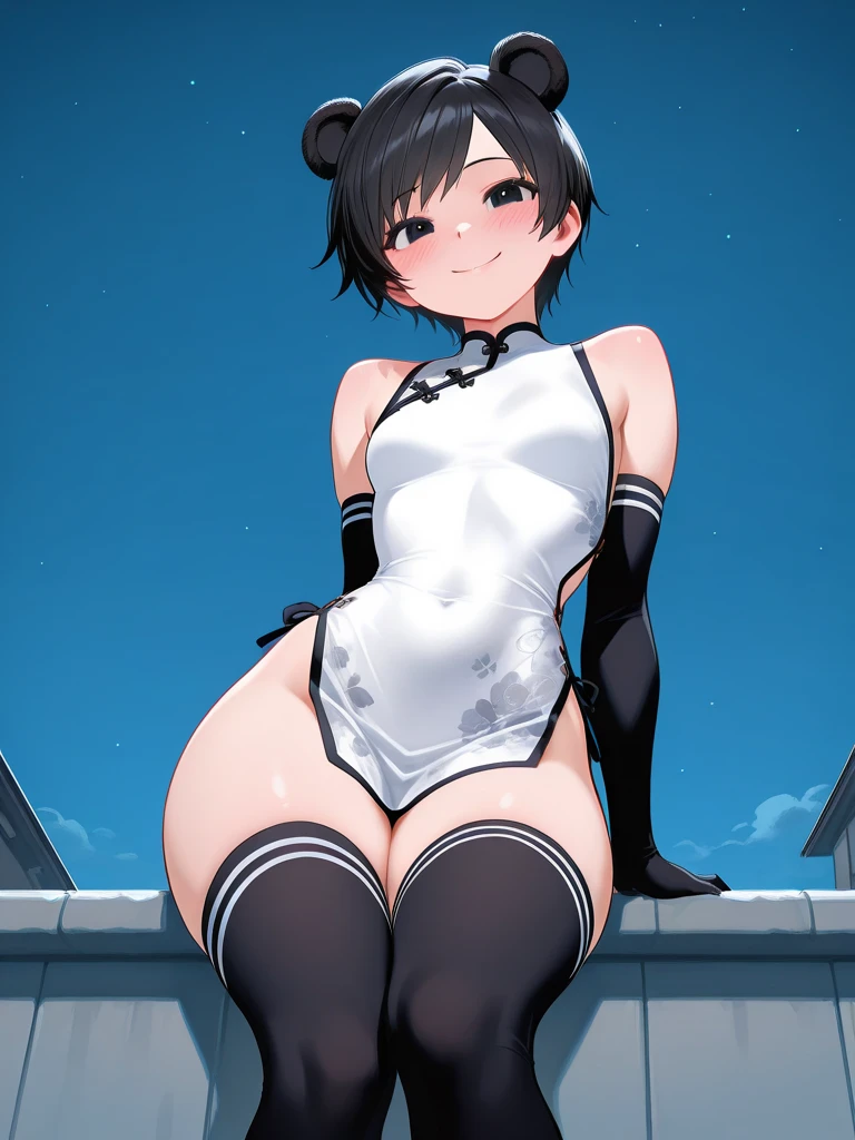 1 girl,masterpiece、beautiful lighting、Detailed beautiful face、Detailed beautiful eyes、hight resolution、Ultra-fine illustration、extremely delicate and beautiful、top-quality、The whole body is shown,small tits、(Brown hairs、High Ponytail:1.5、Blue eyes)、(drooing eyes、The eyes are detailed and beautiful、Kamimei),Curvaceous, (Kneeling:1.5)、A smile、(shinny hair, Glossy eyes, shinny skin), (glistning skin,darkskinned:1.3) 、(Recurve the body、up chest)、Armpit、raise arms、hands behind head、gloves、elbowgloves、Emphasis on the chest、Open legs、(Leotard、Sleeveless 、turtle neck)、thighs thighs thighs thighs、Watch your audience、under the boobs、blushed、Plump and thick thighs、(white tights:1.3)、Blushing cheeks、(abdominals)