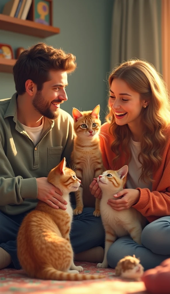 Create a happy family where mom is an owl, dad is an orange kitten and the daughter is a baby frog