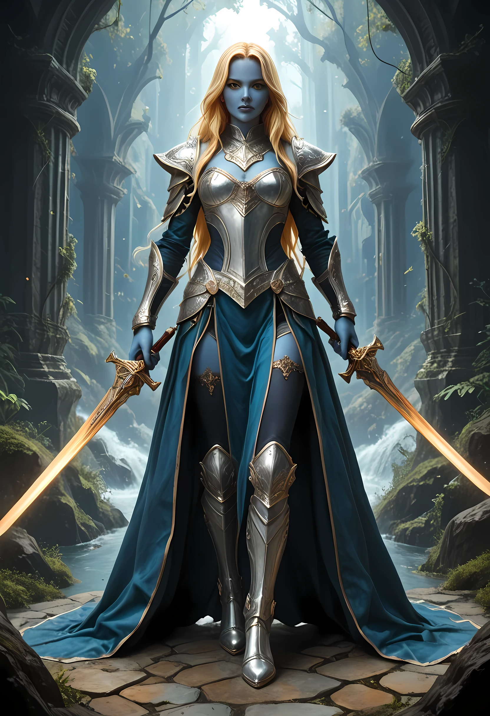 portrait of a female cleric ((dark blue skin)), intense details facial details, exquisite beauty, cleric, ((dark blue skin)) female, ((yellow hair)), long hair, (((no ears))), (green eyes)), armed with a fiery sword red fire, wearing (twilight priestly combat vestments), wearing white armor, wearing high heeled laced boots, wearing white armor, wearing an (orange cloak:1.3), wearing glowing holy symbol, fantasy art, dnd art, RPG art, wide shot, (masterpiece: 1.4) intense details, highly detailed, photorealistic, best quality, highres, within fantasy temple background, reflection light, high details, best quality, 16k, [ultra detailed], masterpiece, best quality, (extremely detailed), close up, ultra wide shot, photorealistic, RAW, fantasy art, dnd art, fantasy art, realistic art,((best quality: 1.5)), ((masterpiece: 1.5)), (detailed), perfect face, strapless, lace up stilettos, fantasy, Fantasy background