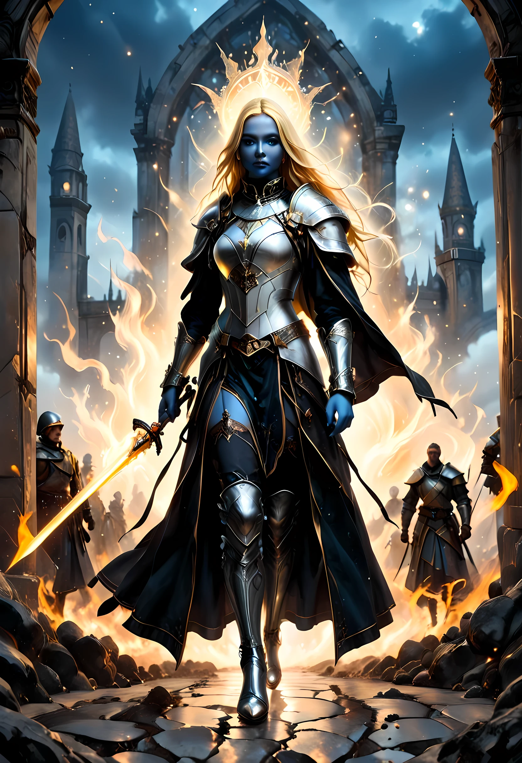 Oil Painting Portraits of a female cleric ((dark blue skin: 1.5)), intense details facial details, exquisite beauty, cleric, (dark blue skin: 1.5)) female, ((yellow hair: 1.5)), long hair, (((no ears: 1.5))), (green eyes: 1.3), armed with a fiery sword red fire, wearing (twilight priestly combat vestments: 1.5), wearing white armor, wearing high heeled laced boots, wearing white armor, wearing an (orange cloak:1.3), wearing glowing holy symbol, fantasy art, dnd art, RPG art, wide shot, (masterpiece: 1.4) intense details, highly detailed, photorealistic, best quality, highres, within fantasy temple background, reflection light, high details, best quality, 16k, [ultra detailed], masterpiece, best quality, (extremely detailed), close up, ultra wide shot, photorealistic, RAW, fantasy art, dnd art, fantasy art, realistic art,((best quality)), ((masterpiece)), (detailed), perfect face, strapless, lace up stilettos, fantasy, FFROA