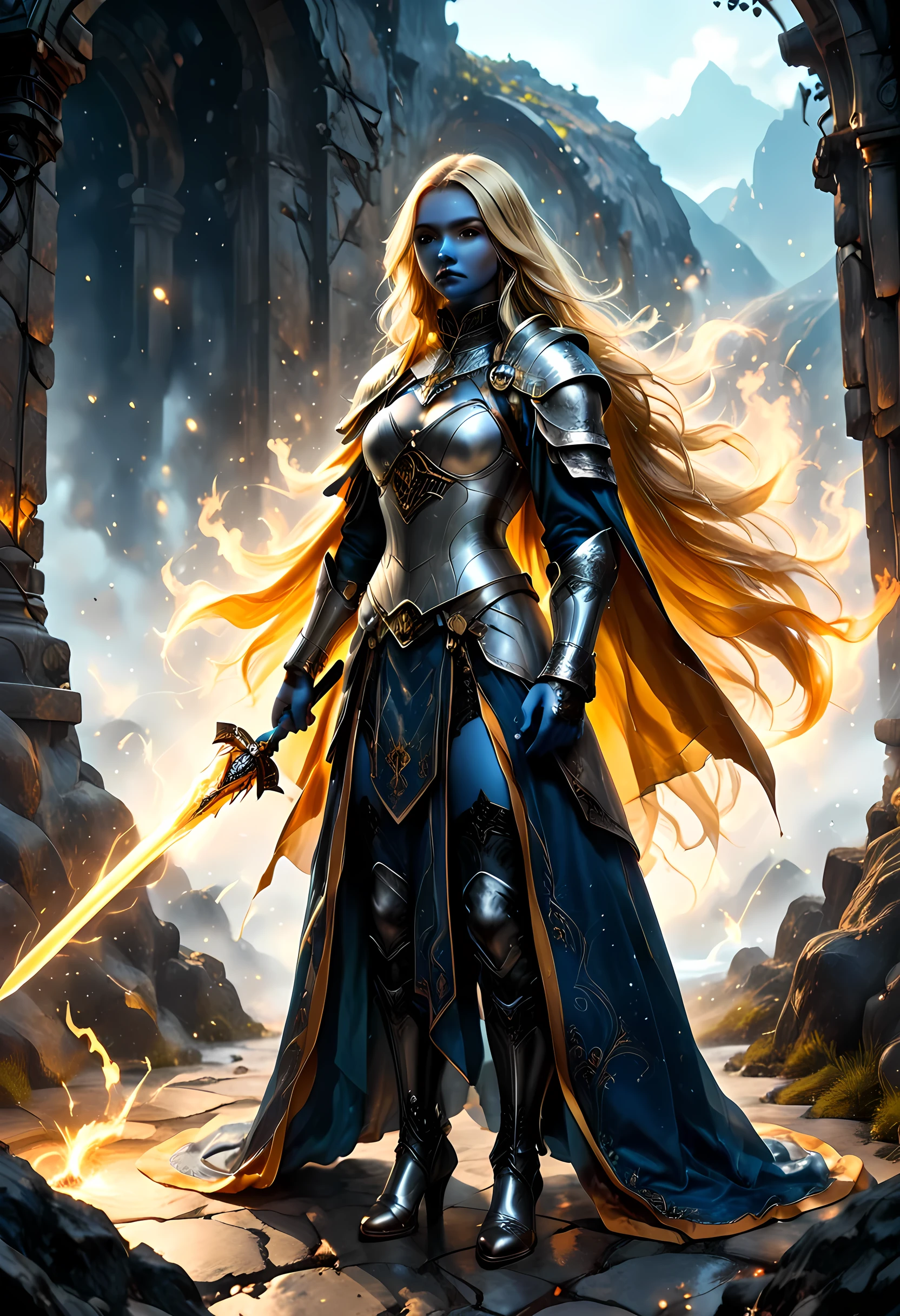Oil Painting Portraits of a female cleric ((dark blue skin: 1.5)), intense details facial details, exquisite beauty, cleric, (dark blue skin: 1.5)) female, ((yellow hair: 1.5)), long hair, (((no ears: 1.5))), (green eyes: 1.3), armed with a fiery sword red fire, wearing (twilight priestly combat vestments: 1.5), wearing white armor, wearing high heeled laced boots, wearing white armor, wearing an (orange cloak:1.3), wearing glowing holy symbol, fantasy art, dnd art, RPG art, wide shot, (masterpiece: 1.4) intense details, highly detailed, photorealistic, best quality, highres, within fantasy temple background, reflection light, high details, best quality, 16k, [ultra detailed], masterpiece, best quality, (extremely detailed), close up, ultra wide shot, photorealistic, RAW, fantasy art, dnd art, fantasy art, realistic art,((best quality)), ((masterpiece)), (detailed), perfect face, strapless, lace up stilettos, fantasy, FFROA