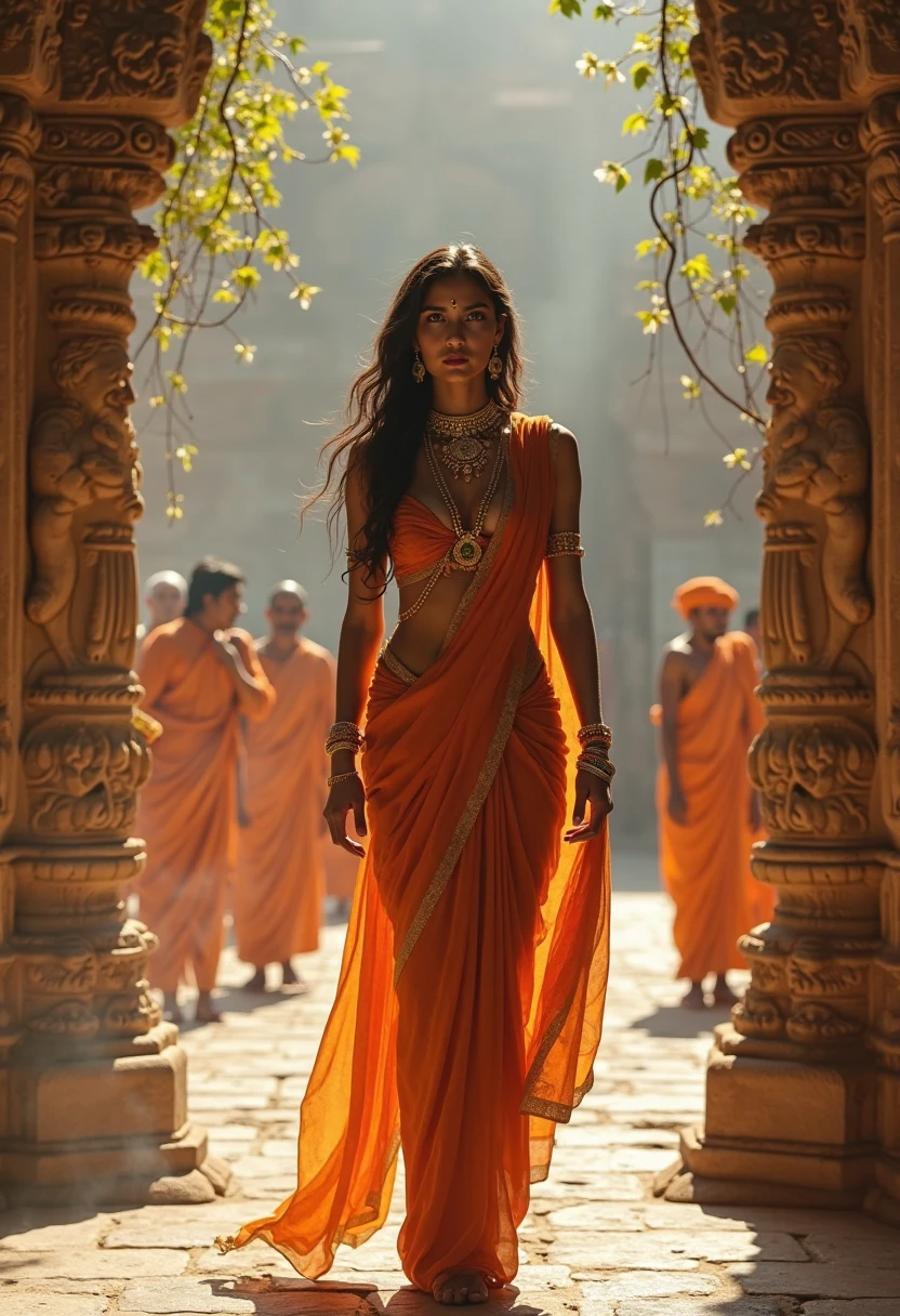Sanatan girl who is wearing saffron colored saree and is a bodybuilder image create
