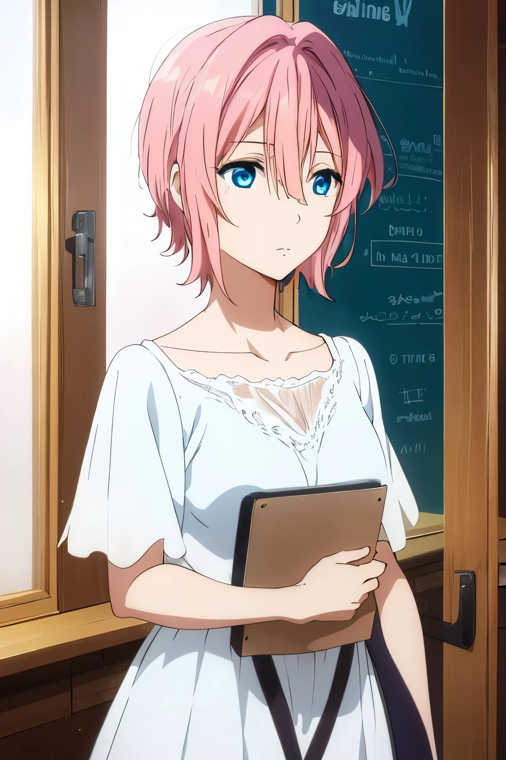 high quality, Definition, male short pink hair, blue eyes, wending white dress