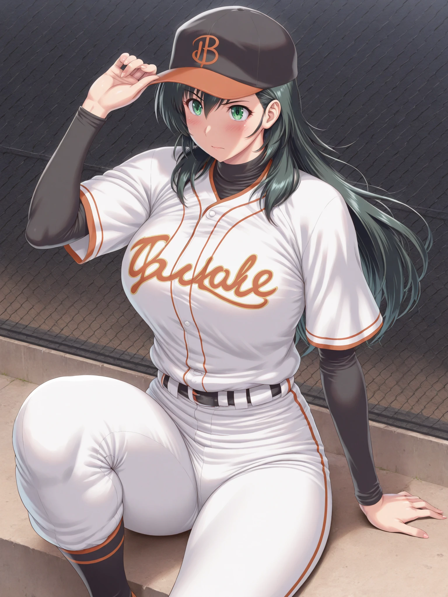 score_9, score_8_up, score_7_up, source_anime, solo, 1girl, csmhimeno, green eyes, eyepatch,  grin, looking at viewer, outside, baseball field, baseball uniform, cap, clothed, massive breasts, massive ass, <lora:csm_himeno_ponyXL:1>