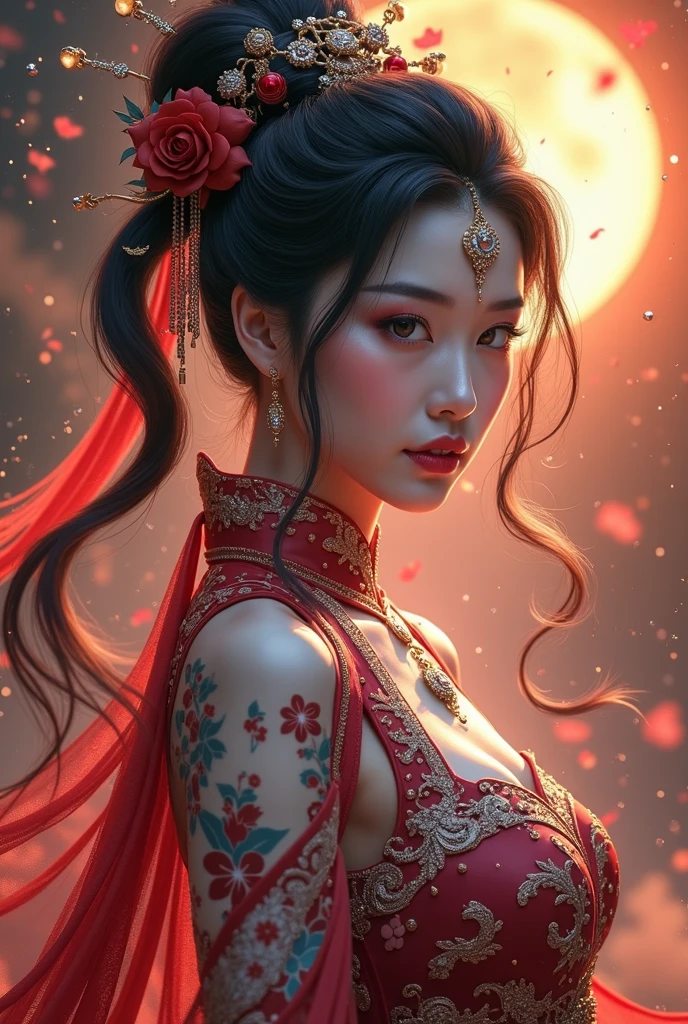 Zhong Fenghua, 1girll, (full bodyesbian) 独奏, Hanfu, flower field, blossom flower, (red smoke:1.4) (realisticlying:1.5), datura, entangled, offcial art, Unity 8k壁纸, ultra - detailed, Beautiful and beautiful, tmasterpiece,best qualtiy, (dynamic angle:1.4), (Realistic:1.5),(Real human photos;1.5),(Bigboobs:1.5),(Liuhai:1.5)(Shoulders exposed:1.5),Glowing skin, (Floating colorful flashes:1),The most beautiful forms of chaos,ellegance,Fauvistdesign,vivd colour,Romanticism Depth of Field,