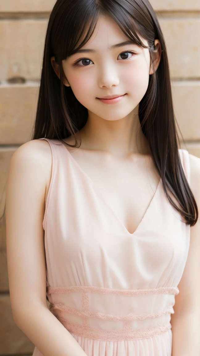 ((cute日本の女の子、beautiful japanese girl、1 girl、clear、19 years old、ponytail、Highly detailed face and skin texture、refinement、super detailed face、highly detailed eyes、Lee Hong、blush、cheek、ピンクのcheekを塗ったcheek、close-up of woman、 from the neck up、 Close to the camera、 positive face、Forward-facing body、look at the camera、front、cute、smooth white skin、Transparent skin texture、))、(dark brown hair、bangs)、beautiful woman with perfect style：1.4、japanese model、young gravure idol、若いcuteグラビアアイドル、Realistic young gravure idol、refinementされたグラビアアイドル、((highest quality、8K、masterpiece:1.3、１photograph))、(4K、RAWphotograph、highest quality)、(realistic、フォトrealistic:1.37)、Place someone on the other side of the screen、Natural light、professional lighting、F cup、big breasts、big breasts、Beautiful and well-shaped breasts、