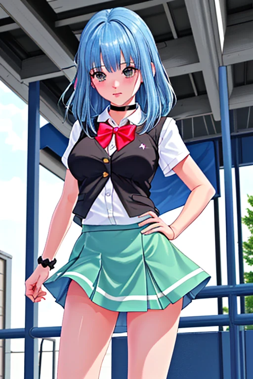 (Masterpiece,), Best Quality, ultra-detailed, perfect hands, perfect legs, Delicate eye expression, delicate face expression., 1girl (rinko_iori, Slender and sexy body, huge breasts, wide hips, naked body, dark blue hair, long hair, blue eyes ),closed mouth(wicked smile), a come-hither look, red lipstick, solo, sleeveless shirt, grey shirt, detached sleeves, necktie, arm tattoo, skirt,skirt lift, thighhighs, thigh boots,, at a car racetrack , standing,Sexy waist teasing , Skirt lift