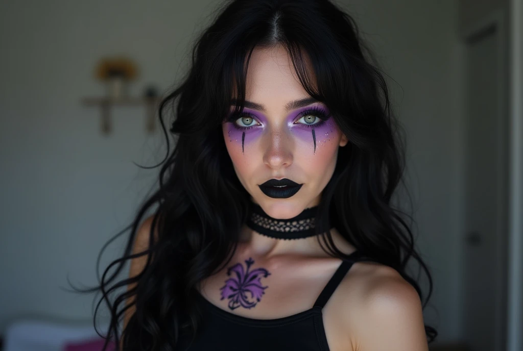 12 year old lolita, young girl facial features, tattooed face,high cheek bones, pure white skin, thin curved black eyebrows, long luscious eyelashes, Black eyeliner,dark purple eyelids, dark black eye shadow, thick black lipstick,puckered curved lips, Cleft chin, extremely detailed long black wavy hair, earrings, snake bites piercing, choker collar with chains, complete full body photo, flat chested, tattooed breast, tattooed Sternum underboob, tattooed stomach, abs, skinny waist, skinny toned hips, toned thighs, small tight little ass,clean shaved pussy, tattooed back, tattooed hips, thick toned ass, tattooed vagina, tattooed ass, sexy Erotic Lingerie Lace,