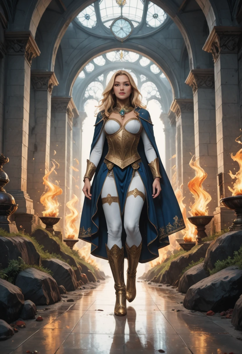 A full-body portrait of a young woman, with long, light blonde hair, framed by a white mantle adorned with golden details. She has intense blue eyes and wears a form-fitting blue armor with intricate engravings of leaves and flowers, and golden metal pieces covering her shoulders and arms. A dark brown leather belt with metallic buckles secures her armor at the waist. She wears brown leather boots, standing in a dynamic action pose. A cross-shaped pendant adorns her chest. The background features a blue sky with fluffy clouds, highlighting her majestic and noble appearance, visible from head to toe.
