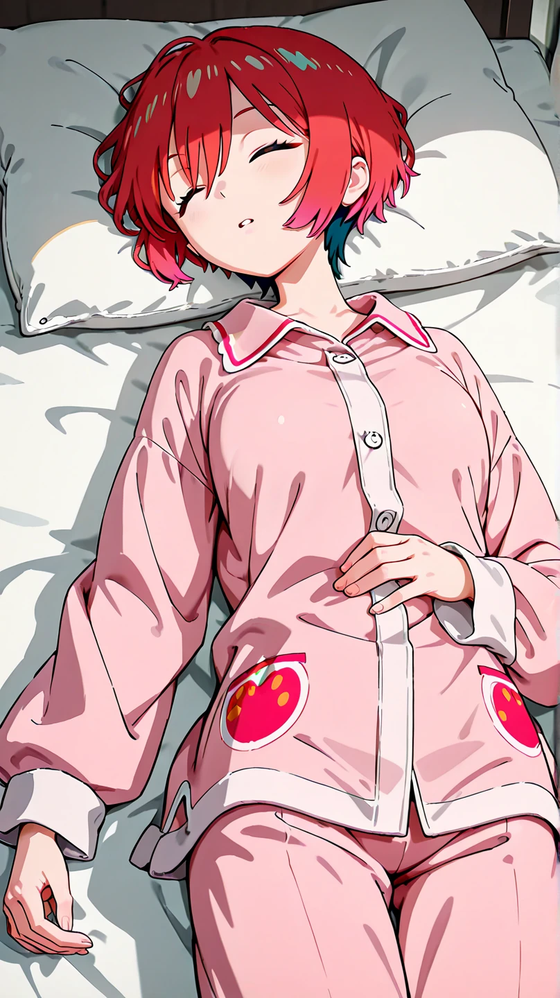soft smile, small smile, blue eyes, detailed eyes, red hair, hiiro amagi, cute girl, small girl, young girl, red hair, red curly hair, short curly hair, pretty girl, full body, lying on bed, wearing cute socks, cute pink panties, cute bra, cute socks, feet, legs, 2 legs, legs wide open,