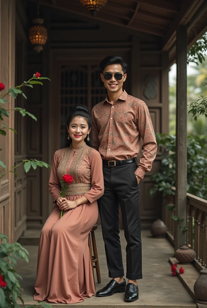 photography, this couple young Indonesian have a clean face, wear batik javanese ordinary pre-wedding clothes, standing and holding hands intimately , a little smile ,dramatically, indicating dramatic art, dark violet and red decorated green lush leaves cherry blossom tree pots on the right and left side, lantern heart shaped, text tittle the name "PUTRA & AYU", letters are on red white heart logo behind them, use unique and latin font, a little dim light