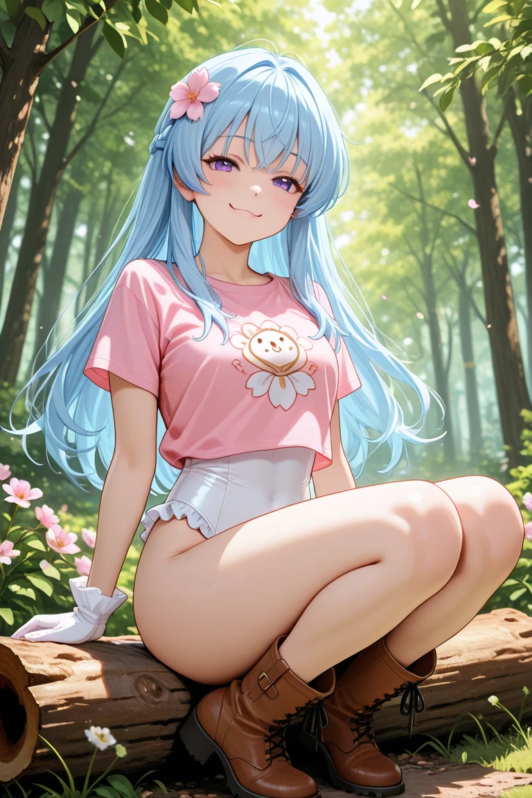 best quality, super fine, 16k, incredibly absurdres, extremely detailed, delicate and dynamic, cute girl, pink bob cut, two antennae, big eyes, red pupils, small and cute, blue crop tank top, abs, loose-fitting beige Arabian pants, barefoot, vast expanse of grass, swirling effect of glittering aura