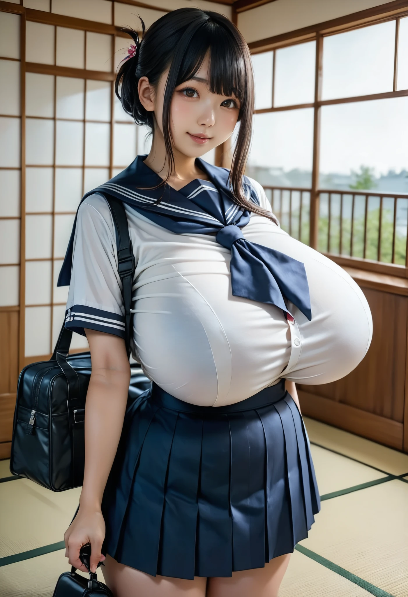 (master piece, best quality, realistic, detailed, absurd:1.2), Japanese woman, very young, beautiful character design, plump body type, clean skin, black hair up to shoulders, straight hair for women, bangs, beautiful detailed depiction of eyes, expressive eyes, brown eyes, High Sexual Desire , I like being lewd , (school uniform, Sailor skirt), (huge breasts:1.2), (垂れた huge breasts:1.1), (thin waist), in the living room, orbital space