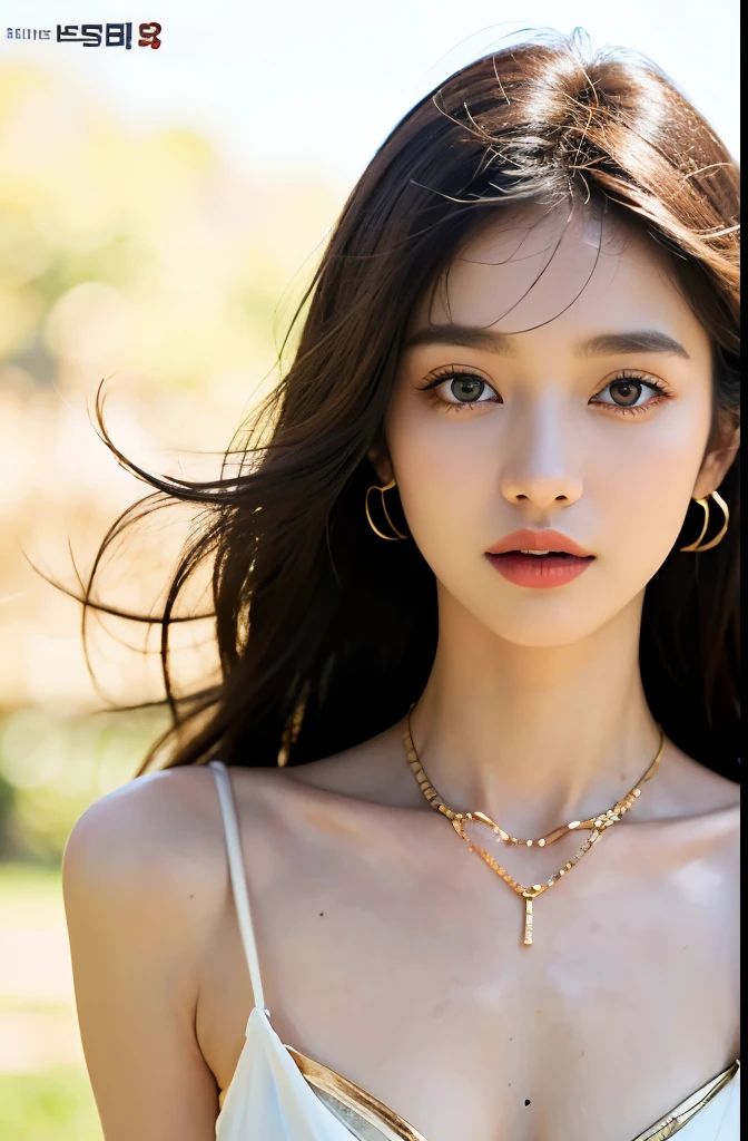 ((Best quality, 8K, Masterpiece :1.3)), Sharp focus :1.2, perfect figure beautiful woman:1.4, Slim abs:1.2, ((Layered Hair Style, large tit:1.2)), (jacket and tank top , bra strap), (parks:1.2), Highly detailed facial and skin texture, A detailed eye, double eyelid, necklace, fullbody, mid-shot