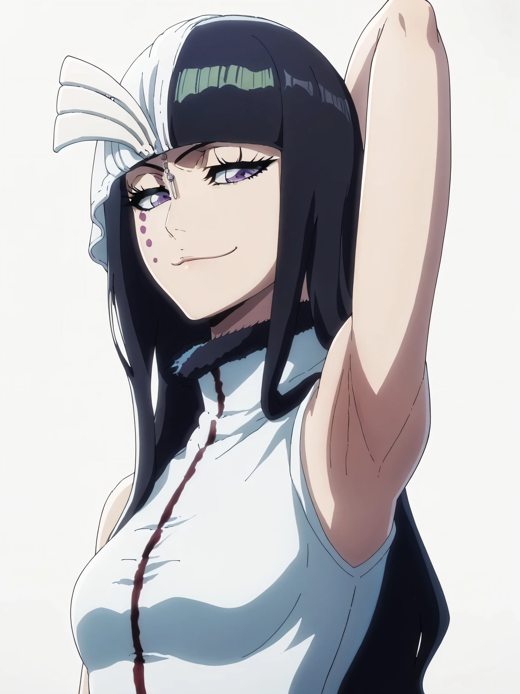 score_9, score_8_up, score_7_up, source_anime, anime coloring, masterpiece, best quality, amazing quality, anime screencap, 1girl, solo, cyan sung-sun, blood war outfit, long green/black hair, three pink dots below her right eye, purple eyes, fabric over the right side of her head, fabric over the right side of her shoulder, three hair clip with pendant on the right side her bangs, fur around neck, long white dress, black fur arounf hem of her dress, small breasts, sleeveless, bare shoulders, bare arms, arm behind head, armpit, head towards viewer, looking at viewer, smile, smug, half-closed eyes, closed mouth, from side, white background, simple background,