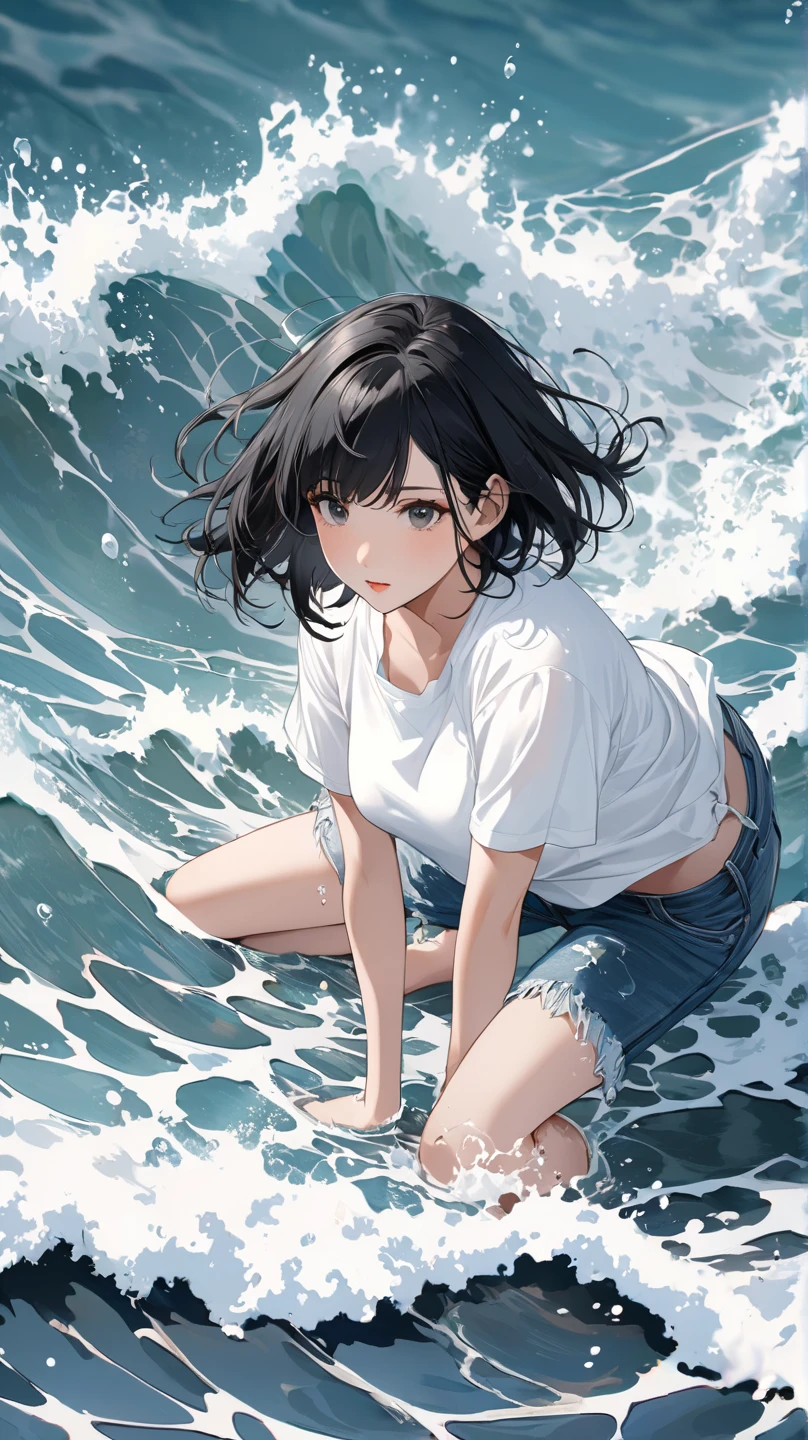 tideland、Black T-shirt、Black Swimsuit、Short black hair、Thighs、Girl、Girl、Short、Younger、Lower school year、Baby Face、Both eyes open、flat chest、Embarrassed、Dynamic Angle、Beach、My feet are covered in mud、There&#39;s a little bit of mud on my face、sunlight、masterpiece、best quality、ultra-detail、Seaside、Sandy Beach、Sweat
