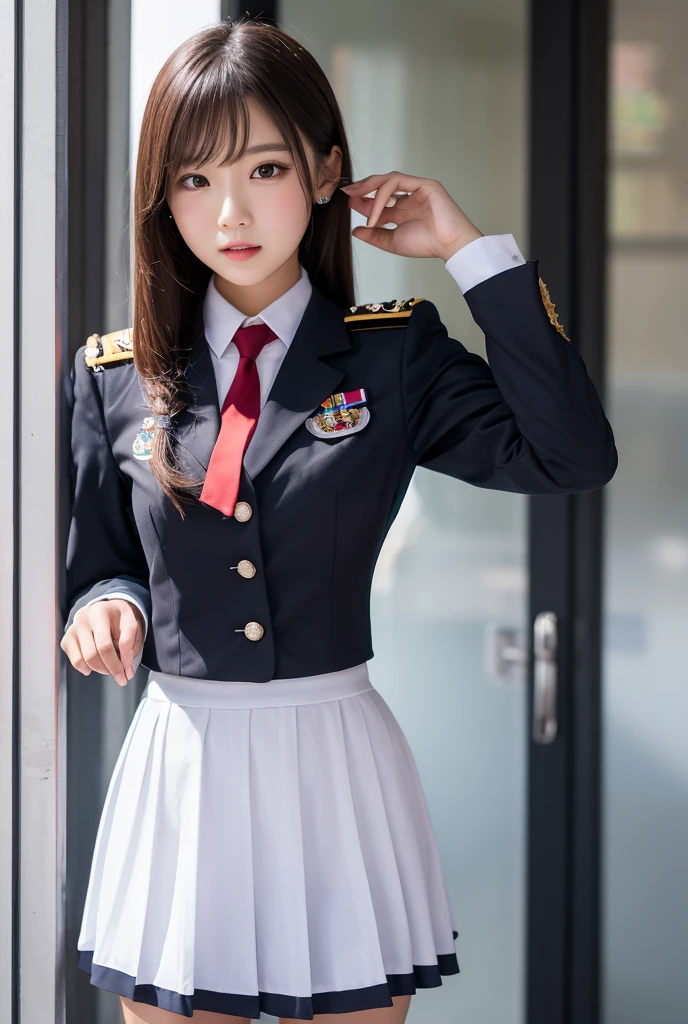 real photos、best image quality、raw photo,spread legs,show white panties,real image、federal army uniform、Mrs. Bowe、pretty girl、18-year-old、super mini skirt、beautiful thighs、white panties、赤いミニスカートがめくれてwhite pantiesが見えてる