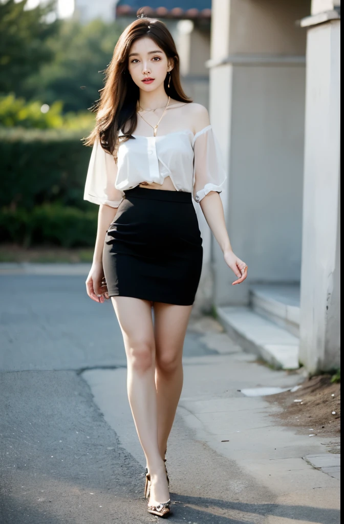 super clear resolution,young girl,shoulder length hair,earrings,clear eyes,Without makeup,lip gloss,delicate face,perfect face,Fair skin,perfect breasts,long slender legs,pantyhose,mini skirt,shoe,empty streets