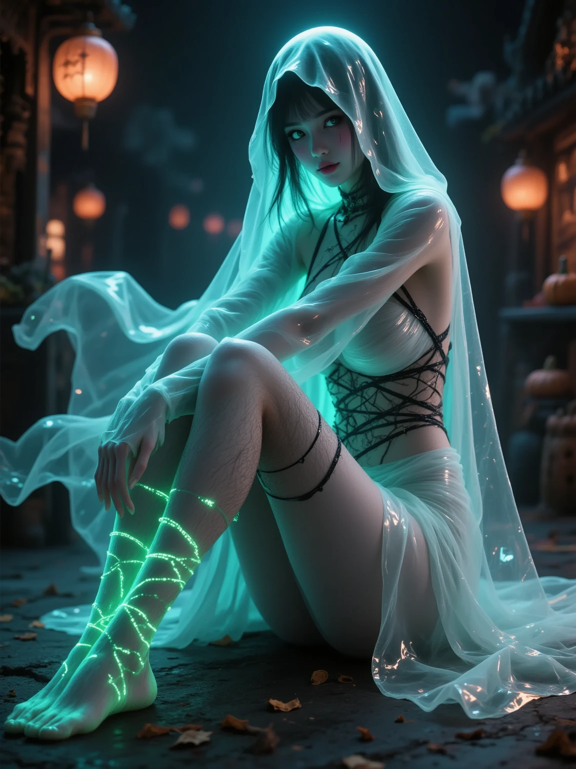 a captivating visual of a girl immersed in a mystical fantasy world. She stands gracefully in the midst of a vast, dark natural pool, her lower body submerged in the water. Her attire consists of delicate, sheer white clothing that clings to her form, no panties and bra,  She has big breasted. She lifts a tote lantern to illuminate her face, casting a soft, enchanting glow amidst the profound darkness of the night. The lantern's light is the sole source of illumination, revealing her ethereal presence. Hyperdetailed, beautiful cinematic, high_res