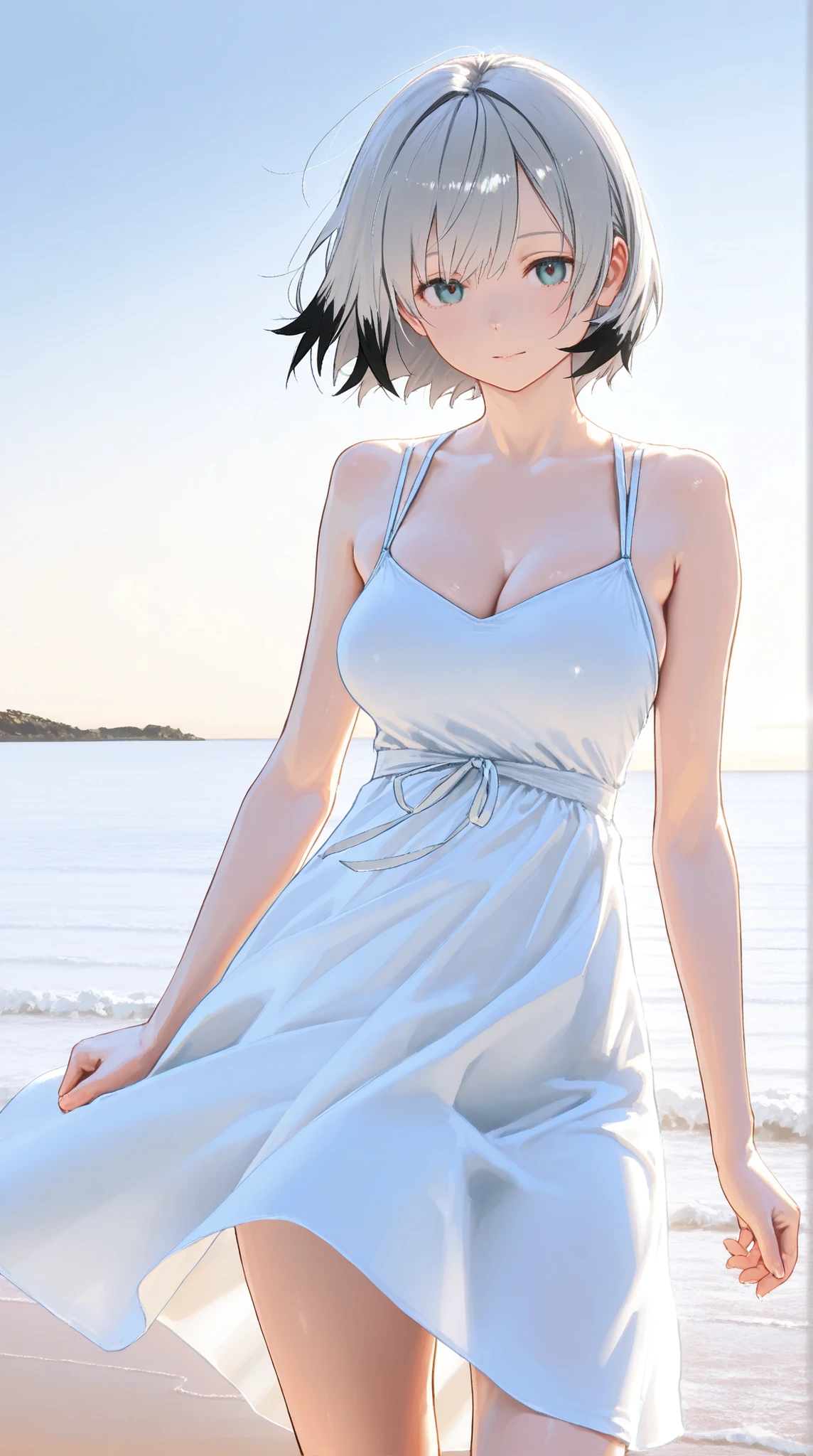 masterpiece, Highest quality, Lana Mother, White Eyes, Long Hair, hair ornaments, shirt, Blue and white skirt, Short sleeve, Large Breasts, Mature Woman, Upper Body, :d, View your viewers, Ocean, Promenade, blue sky, clavicle