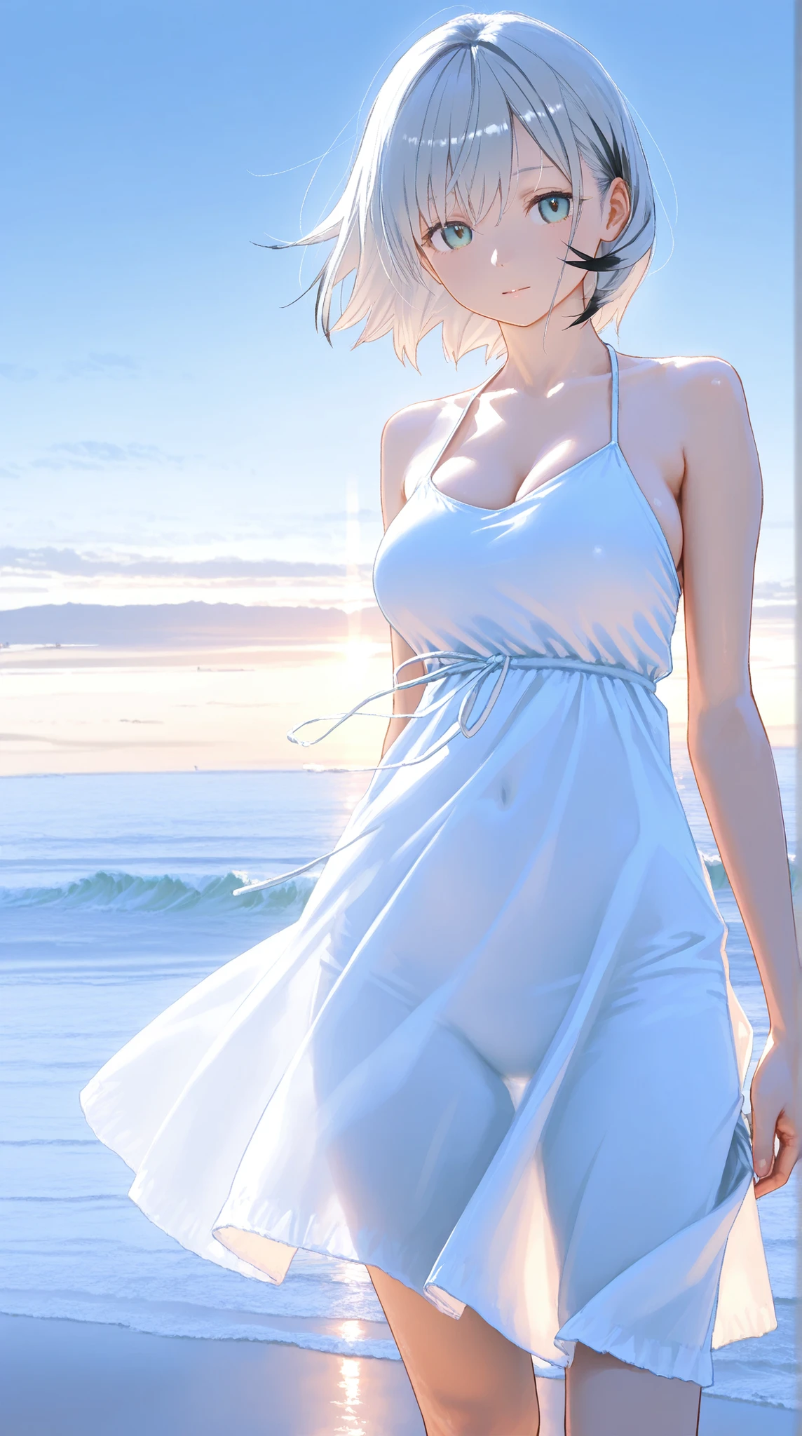 （（top-quality，photorealestic，Realistic 8K， tmasterpiece： 1.3））， Telescopic shot： 1.3，Delicate，  (( perfect bodies）），((Bigchest))，Beach in the background，White swim skirt： 1.1， Highly Detailed Face and Skin Textur，， Whitens the skin， ((cabelos preto e longos))， Smile back，((early evening))