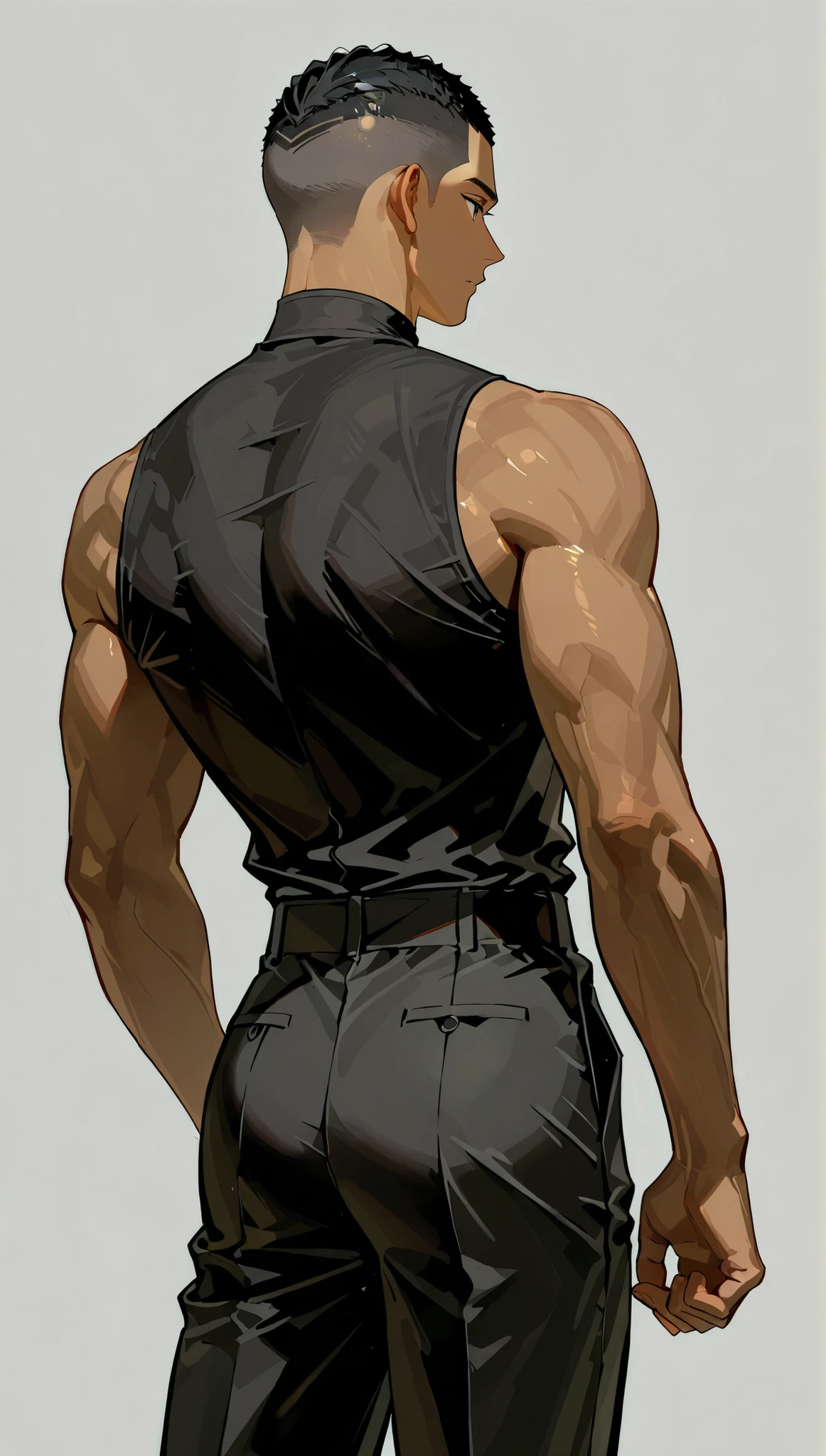completed anatomy、27A young man 、one man、Melanism、black hair、short hair、Very Short、shaved head、Brown skin、Black Sari、black pants、handsome、calm、standing、 grey background