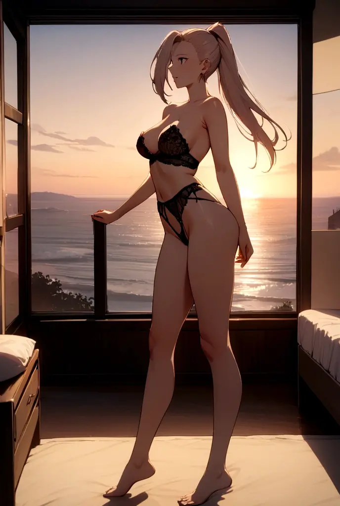 standing woman, pin-up, Yamanaka Ino, teen, red lace strapless bra textura floreada, red lace garter belt, red lace boyshorts textura floreada, medium breasts, spread legs, perfect legs, perfect feet, red lace stockings, red high heels, bedroom, sunrise, Back, face looking at viewer. Masterpiece, Super High Resolution, perfect body, full body
