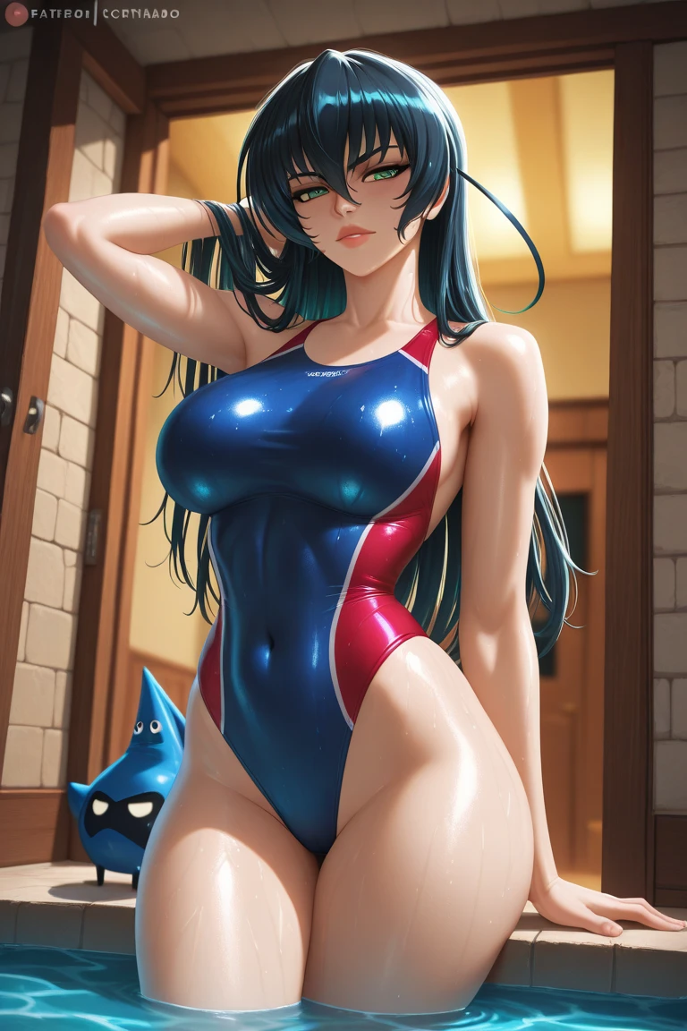 (Be clear about the content) [(masterpiece: 1.1, best quality: 1.1), Shy schoolgirl in swimsuit, emphasize, , purely, Slightly 0.8.Blue Hair, wet,Full lying photo