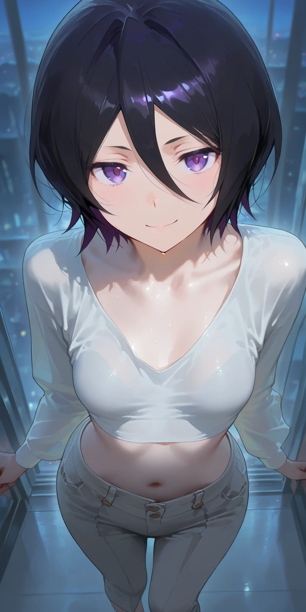 rukia kuchiki, black hair, hair between eyes, purple eyes, short hair, A young woman, positioned slightly off-center to the left of the image, is depicted in a light, grayish-white, loose-fitting, slightly sheer shirt that is pulled open, revealing her upper body and part of her lower body. She appears to be of East Asian descent, with long, dark black hair pulled back, a light-complexioned skin tone, and a calm, almost gentle facial expression. She has a slightly rounded face with expressive dark purple-toned eyes and a soft smile. Her body is depicted with a curvy figure. The woman is shown from a slightly high-angle, close-up view, focusing on her upper torso and chest, with her legs and feet also visible. The environment appears to be indoors, with a vague background suggesting a balcony or outdoor patio area at night, with muted colors and a night sky visible in the upper part of the background. The light source is concentrated and focused on the subject, highlighting the details of her form. The overall style is anime-inspired, characterized by smooth lines, vivid color palettes, and exaggerated anatomical features, though with an emphasis on realism. The composition is dynamic and detailed.