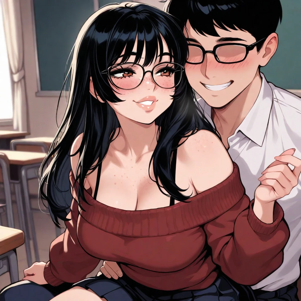 1 milf, ponytail hair, wearing glasses, wearing a black tank top that showing her cleavage, facing forward, full body, sex with a man, ahegao face, sexy sex
