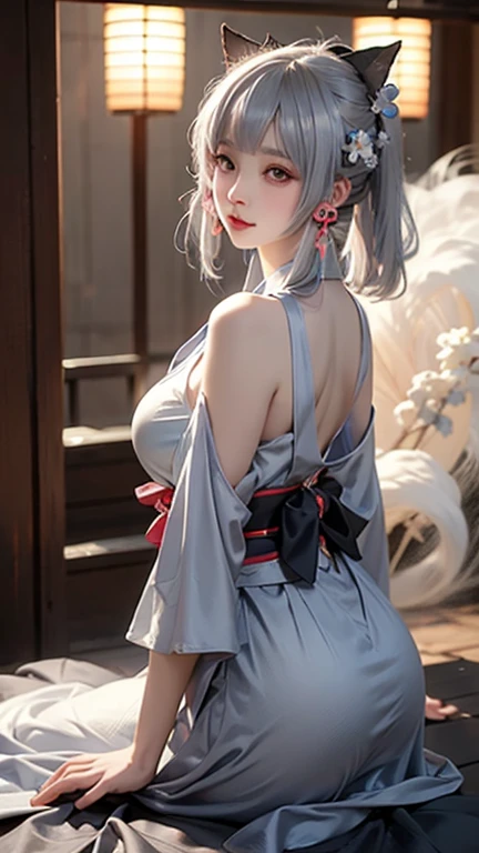 (Best Quality:1.4), high resolucion, Masterpiece,, 1Girl,, Bright purple hair, Purple eyes, (Chemomimi), Medium Tits, Slender thigh peeling,, Hair ornaments, (red|White Japanese Miko Clothes), detached sleeves,, blush,, lantern, shrine,, Detailed face,