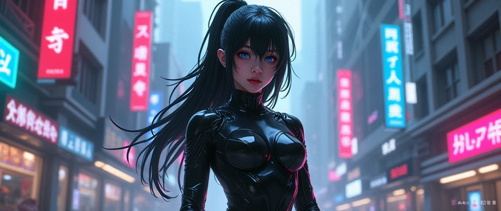 Top Quality, Masterpiece, Ultra High Resolution, ((Photorealistic: 1.4), Raw Photo, 1 cyberpunk Girl, Glossy Skin, 1 Mechanical Girl, (Ultra Realistic Details)), mechanical limbs, tubes connected to the mechanical parts, mechanical vertebrae attached to the spine, mechanical cervical attachment to the neck, wires and cables connecting to the head, Evangelion, Ghost in the Shell, small glowing LED lamps, global lighting, deep shadows, Octane Rendering, 8K, Ultra Sharp, Metal, Intricate Ornament Details, baroque details, Very intricate details, realistic light, CGSoation trend, facing the camera, neon details, (android manufactory in background), art by H.R. Giger and Alphonse Mucha.