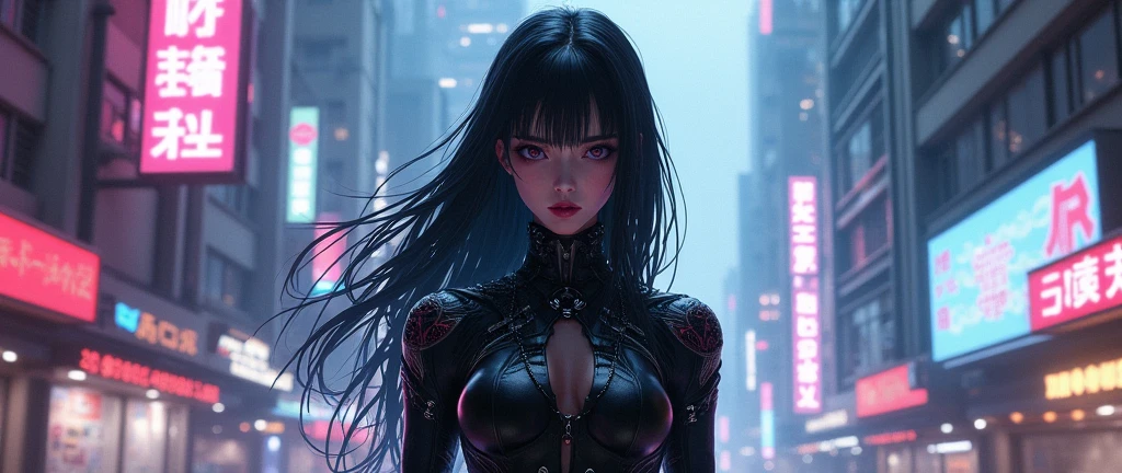 A pretty, 2 woman, She has long, raven black hair, which are often slightly disheveled, which gives her an untamed look. Her eyes shine in an intense violet, that glows slightly in the dark, and her skin is alabaster white, which gives her an almost ghostly appearance. The costume is mainly in deep black, interspersed with violet accents, that reflect their eye color. It consists of a skin-tight suit, which makes them agile and fast and black, Knee-high riding boots. She wears half a mask, which covers the upper half of her face, her eyes shining through a thin violet layer. has crossed holders for her two katanas on her back. Your firearms (The gun) are attached to their thighs, so that she can access it in a flash in battle. FULL BODY shot.