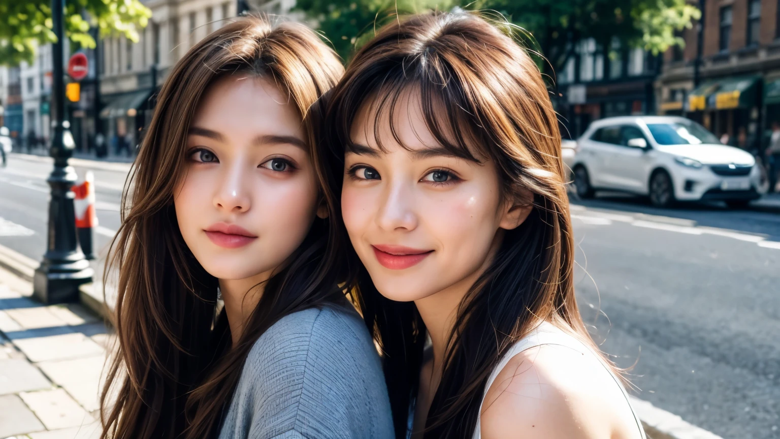 masterpiece, Best Quality, Photorealistic, Ultra-detailed, finely detailed, High resolution, 8K Wallpaper, 1 beautiful woman, light brown hair, sharp focus, Perfect dynamic composition, Beautiful detailed eyes, detailed hairs, Detailed realistic skin texture, Smiling, portrait, Model body type, Take a walk on the street of London,