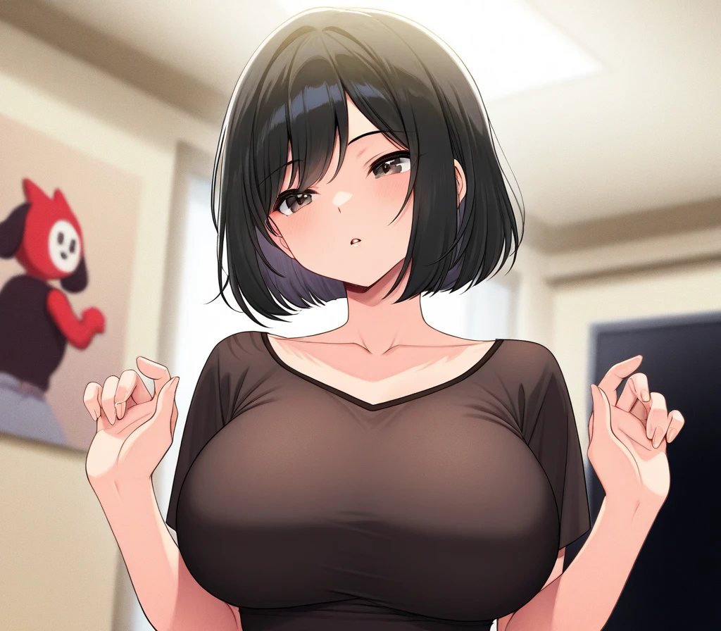 a short sexy woman wearing purple t shirt and black tracks, pinned against the wall, eyes closed, lips parted, blushing intensely, ready to kiss