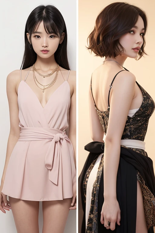 top-quality、masterpiece、超A high resolution、(Photorealsitic:1.5)、Raw foto、1girl in、murky、deep-shadows、Unobtrusive、cold light、sexy appearance、shorth hair、((very_short_hair))、((Luxury evening dresses))、((Luxurious painting))、((Luxurious necklace))、((Floral hair ornament))