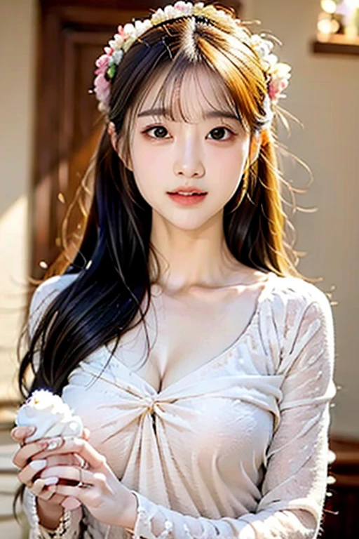 Chinese young woman,Delicate facial features,真实感:1:4,Off-shoulder white shirt,Blue yoga pants,Fitness room,Black collar,Faded gray hair,blue color eyes,gigantic cleavage breasts:1.2,Sitting position