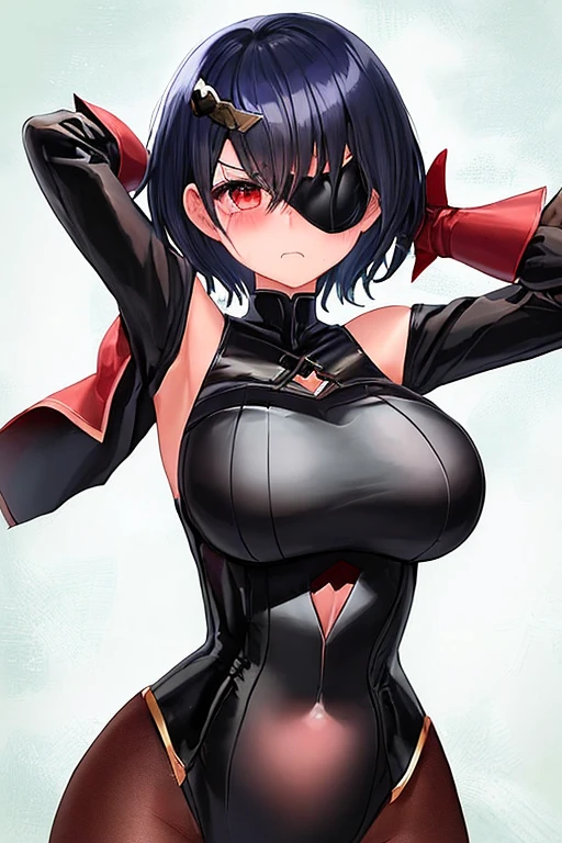 simple background, monochrome, horror (theme) there is a broken picture, black paint splatted, red blood splatted, smoked, red blood (((anime girl character))), big boobies, wearing a mask