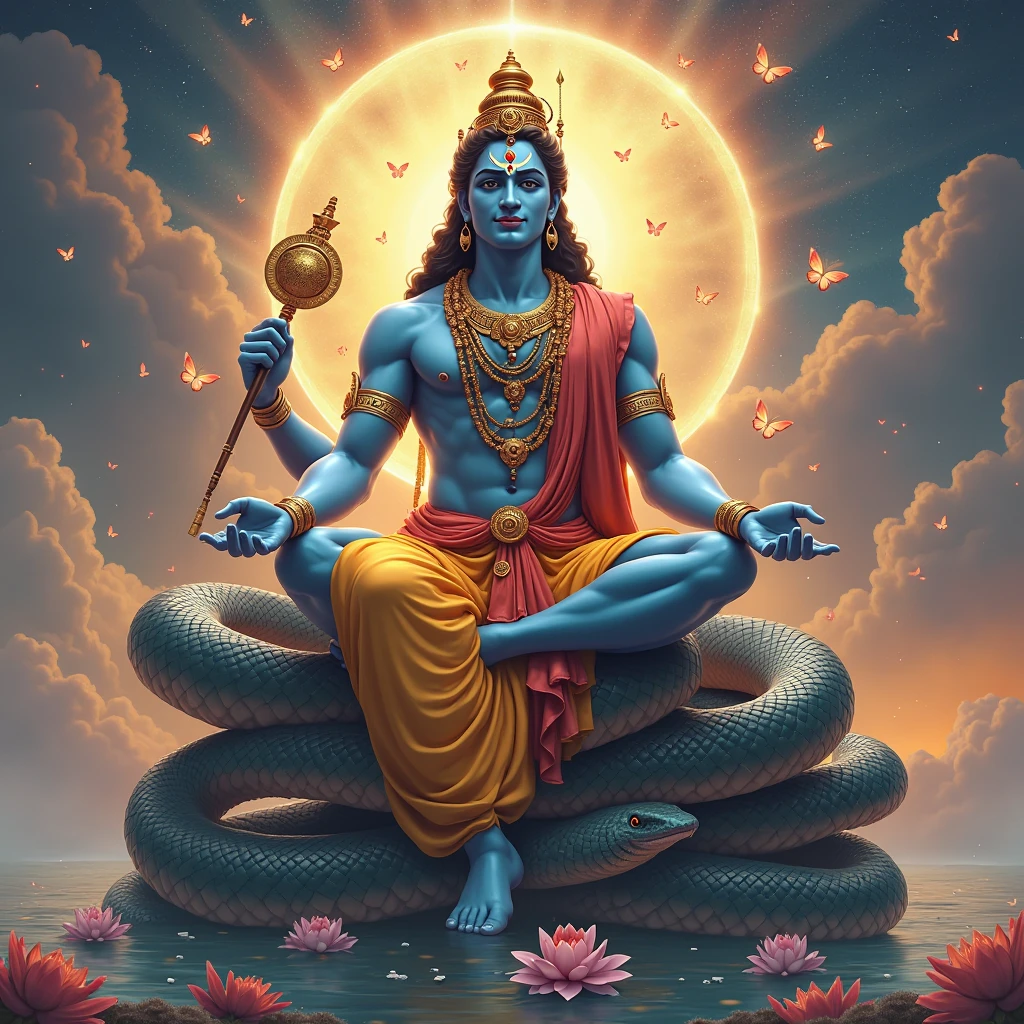Generate me a pic of narayana sleeping on sheshnaag with virat roop