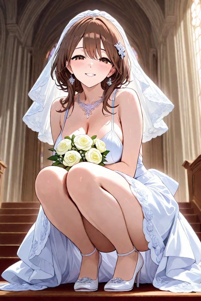 a girl cumming while walking on the aisle while wearing a bride dress on her wedding and the cum is everywhere on the floor and everyone can see it 