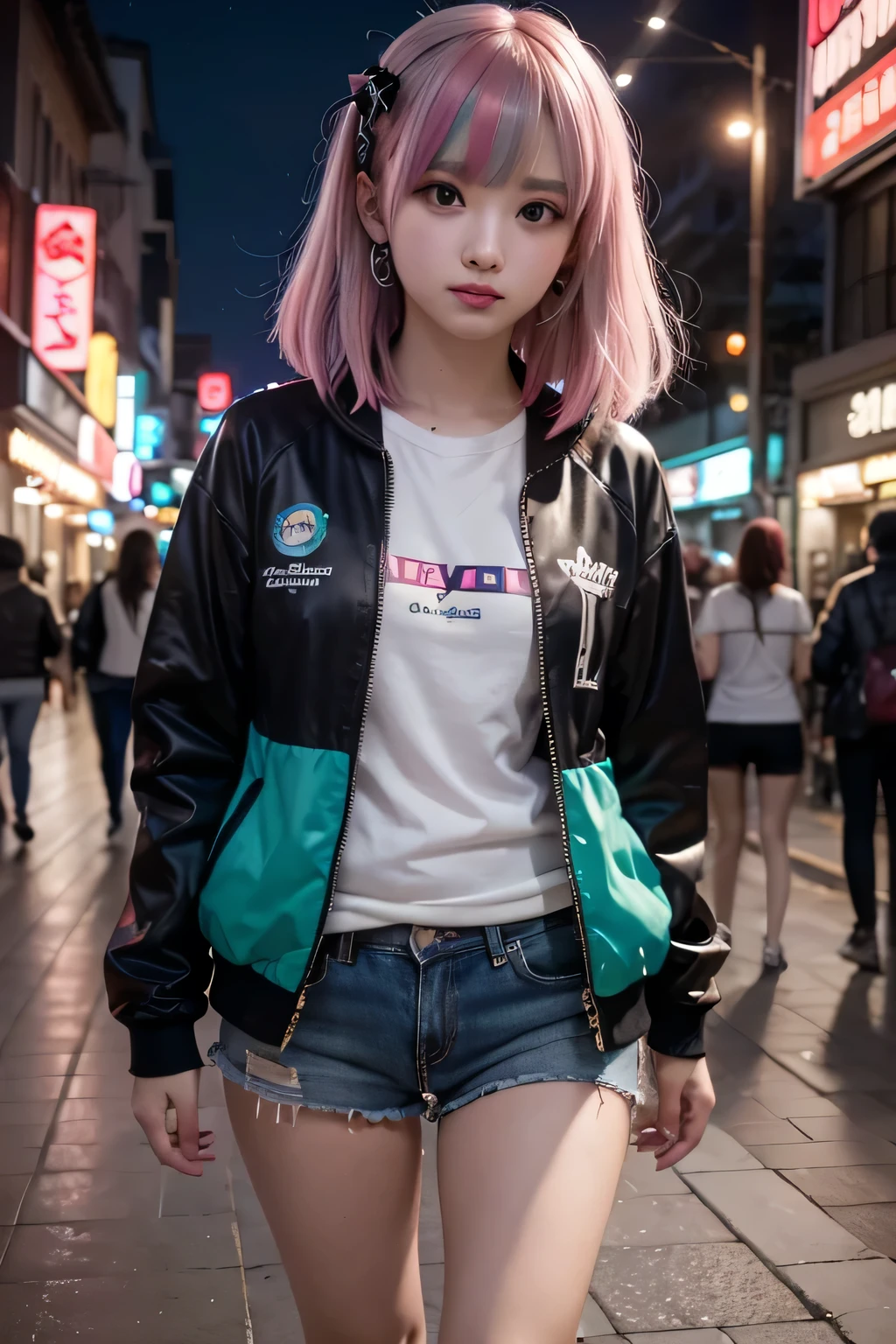 miku hatsune、training jacket、camisa、Gold and black hair and light blue and silver and pink、Multicolored hair、trees, High resolution, Heterochromia esim, small moles under esim、cortes bob、franja reta、Lucia\(ciberpunk\), 1 garota em, hair clip, hime cut, silver hair, Chip de cor, lua cheia, grey esim, white shirt, black tie、black shorts、manga longa, ( look at the spectators ), medium hair, Multicolored hair, distributed fringe, transparent clips , One with pink hair , red eyeliner, , Sozinho, white jacket, ciberpunk\(series\), Rainy night in a cyberpunk city with glowing neon lights,de baixo, sim、four-legged、Huza