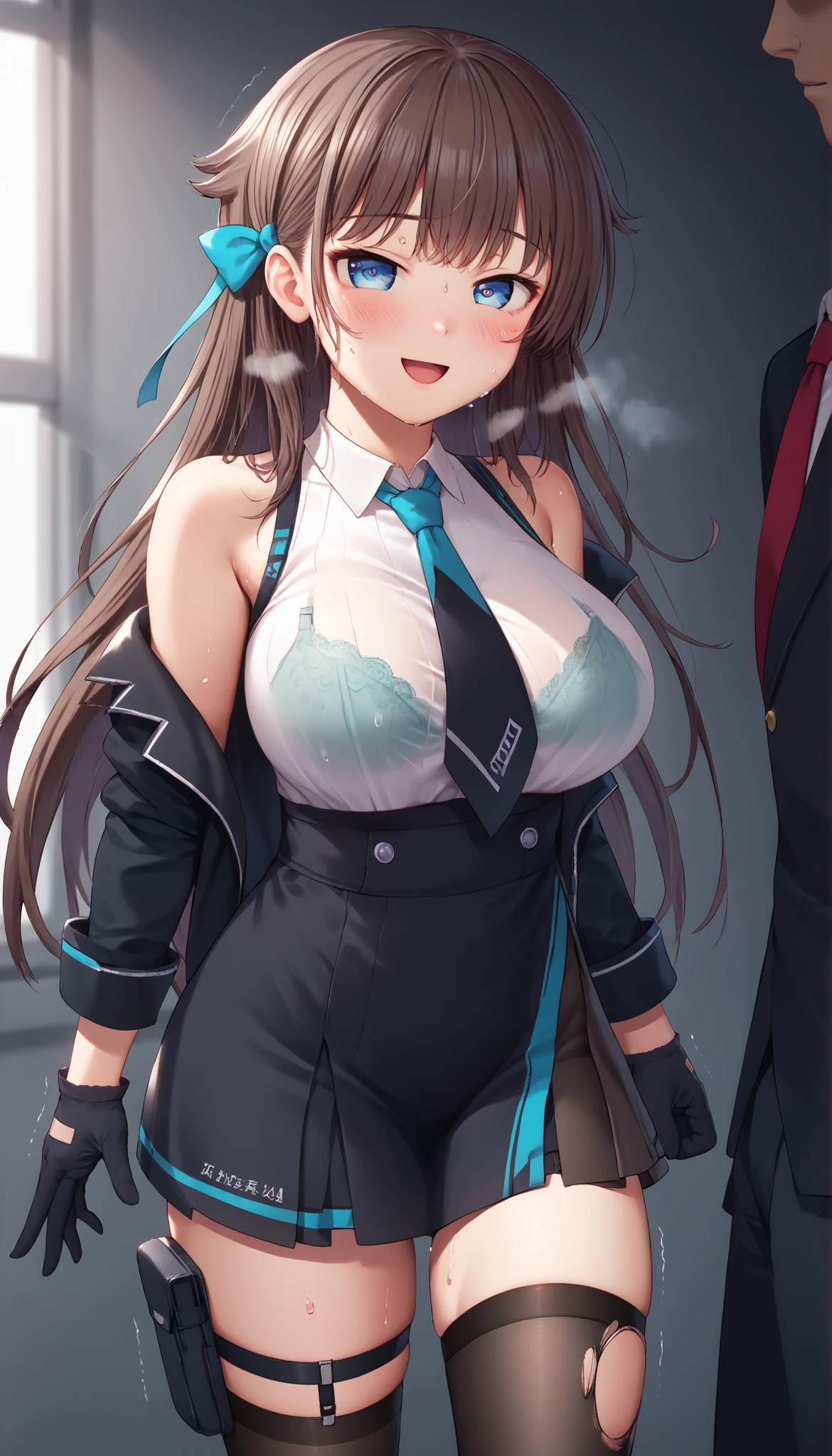 great quality,is so beautiful,Absard dress,top quality,newest,masterpiece,4k,resolution,anime screen capture,1 girl,brown hair,long hair,blue eyes,cute anime eyes,super huge breasts that have just been torn apart,very much sweat (Amount of sweat:2.0),blush(redness:3.0), Laughing face,I'm exhaling with my mouth wide open(steam),(Kana Kashiwazaki),hair bow,canavale , THIG-LENGTH SINGLE SOCKS, one leg in stockings, black jacket, sleeveless shirt, thigh strap, tie, cowboy shot, gloves, black skirt,I had sex with the man I had an affair with until a while ago,my body is trembling because it has climaxed too much,steamが多い,My shirt is sweaty and I can see my bra slightly(The bra is purple),My uterus is full of my cheating partner's sperm,My thighs are slightly dripping with sperm,-game- Nebel Geisterjäger style